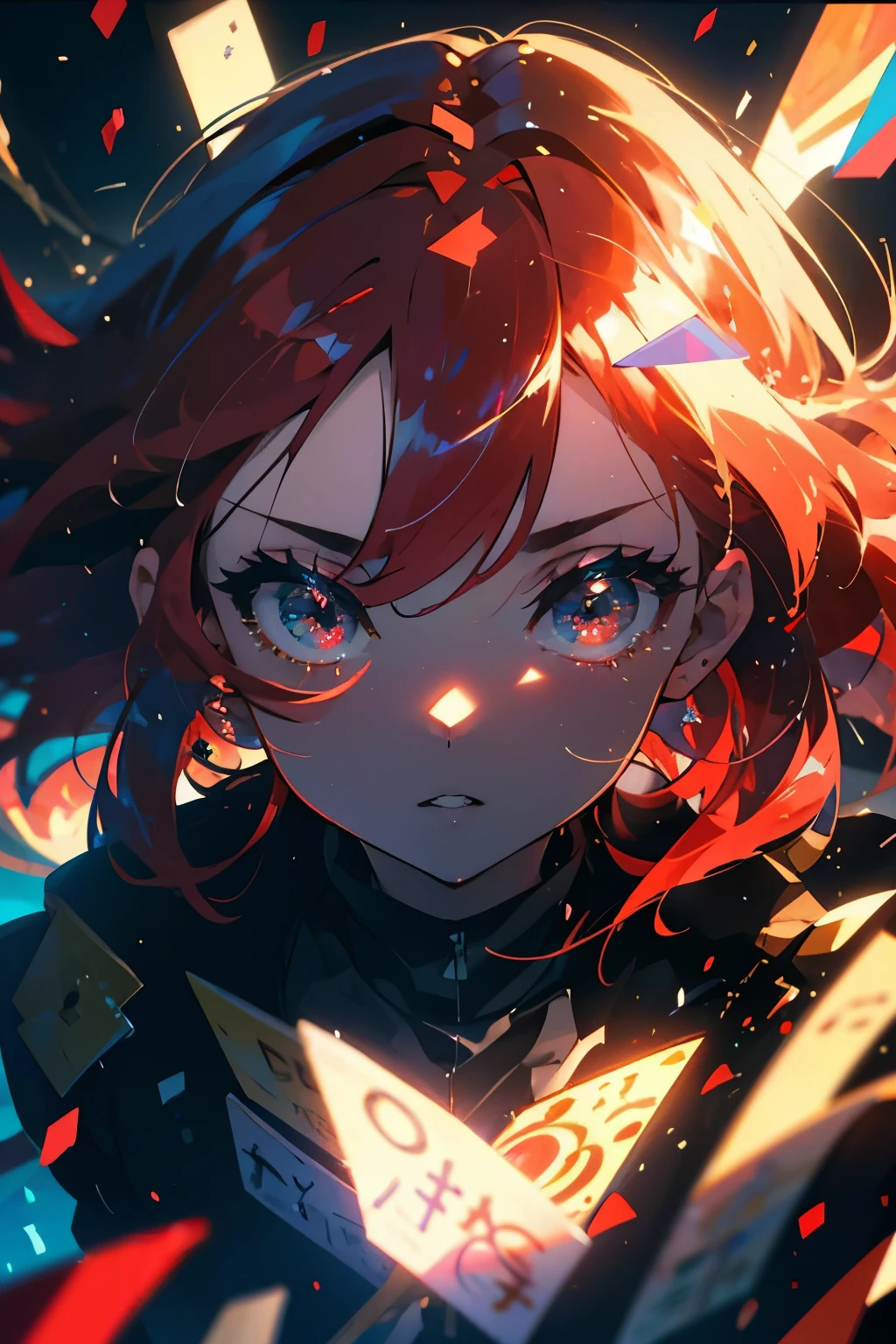 (Arte de alta calidad,anime,Ultra detallado),(La mejor calidad,4k,8k,Altas Resoluciones,Obra maestra:1.2),hermosos labios detallados,Ojos y cara extremadamente detallados,Pelo rojo,ojos brillantes, ojos azules, (Detalle Ojos:1.3), En pie,Paisaje de la ciudad