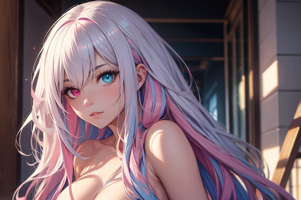 (best quality, oil painting:1.2), mature woman with (((long white hair))), (((pink and blue heterochromia))), sexy pose, cute hairstyle, detailed eyes, detailed lips, soft lighting, vibrant color, ((complete body)), (((nude)))