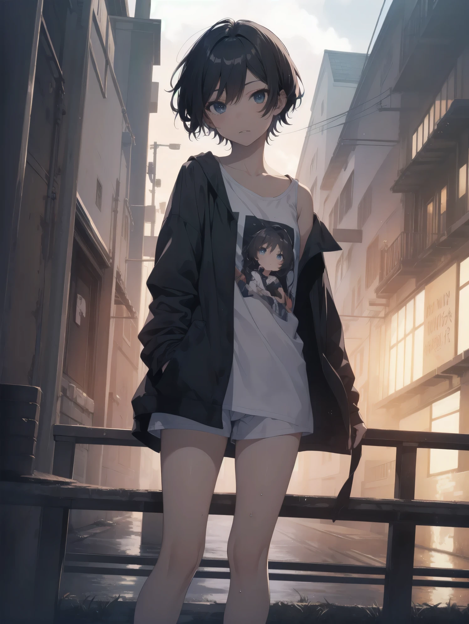 ((NSFW,of the highest quality,Shinkai Makoto style, Ultra-detailed,High resolution,Best Anime 8K Konachan Wallpapers,Pixiv Contest Winner,Perfect Anatomy,super detailed skin,Cinematic lighting)),BREAK,1girl is a cute tomboy,((Loli face,11 years old:1.5)),a junior high school student, Ponytail,Full limbs,complete fingers,flat chest, Small butt,Androgynous attraction, Small eyes,Beautiful detailed black eyes,groin,Clothes wet in the rain,((Tank top,Shorts:1.2),Wet,(Nipples are visible)),rainy, At a rural bus stop at night with no one around,BREAK,((High resolution,super detailed skin, The best lighting by professional artists, 8K Illustration)),