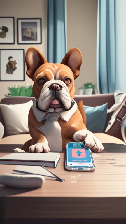 There is a dog sitting at the table with a mobile phone, anthropomorphic dog cleaning, Behance 3D アートのトレンド, behance trends 3d art, Inspired by Chris LaBroy, portrait shot, ultra realistic 3D illustration, cute 3d rendering, 3D illustration, 3d illustration, realistic 3d style