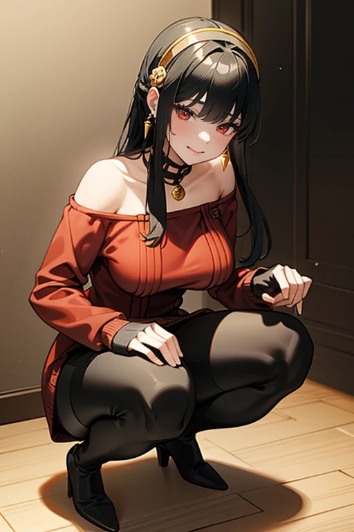 Ajolf, side lock, gold hair band, hair ornaments, red eyes, gold earrings, big breasts, choker, bare shoulders, black dress, double sided dress, fingerless gloves, thigh boots, short hair with long hair, white hair band, red eyes, gold earringss, big breasts, jewelry, off shoulder, red sweater, sweater dress, long sleeve, black pantyhose, cute smile, red sweater, beautiful and bright lighting, Squat with your legs wide apart、urinating、crotch is visible、hold a stiletto in one's mouth、Taken at the best angle