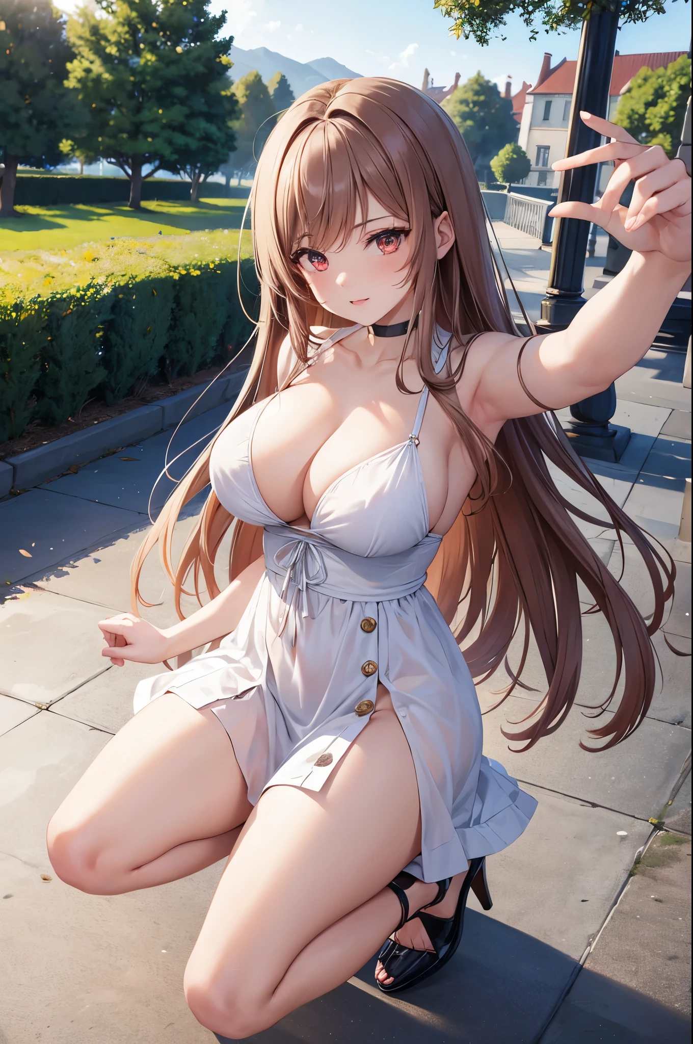 Game , goddess of victory nikke, Rapi , light brown hair, alluring eyes ,beautiful face , crystal red eyes , long hair ,plain colour spaghetti strap dress, selfie wind, 1 hand bag,g cup breast, slender waist, bewitching thighs, five fingers each hand, two hand ,two leg , in town, date, standing, beautiful, high heels, daylight, recreation park,