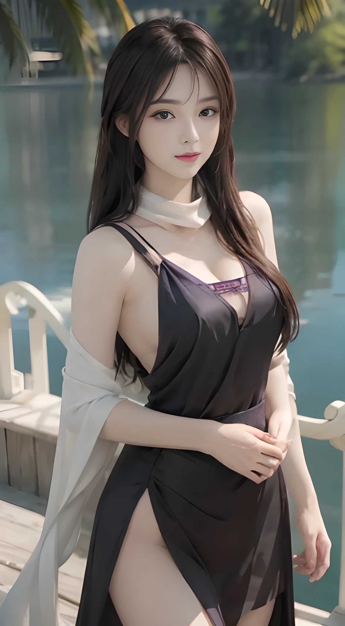 (Ultra Realistic), (Illustration), (Increased Resolution), (8K), (Extreme Detail), (Best Illustration), (Best Quality and Detail), (Super Detail detail), (Masterpiece), (background), (detailed face), solo, 1 girl, looking at viewer, she is standing next to a large lake, beautiful detail, detailed face, in dark shadow, deep shadow, low key, pureerosfaceace_v1, smiling, long hair, white scarf, straight hair, 46 point oblique bangs, perfect shiny skin, Looking at viewer, sexy top, purple dress according to Shanghai style model with sexy thigh slits, sexy big breasts, revealing cleavage, sexy dress, movie-like lighting