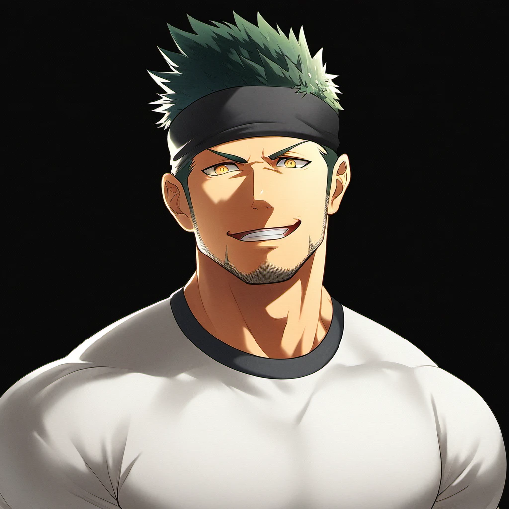 anime characters:priapus, 1 young muscular man, male focus, Sporty black headband, Off-white high collar tight T-shirt, old leather texture, Fleece fabric, muscular male, muscular, bara, Upper body, alone, white short hair, stubble, yellow eyes, blink, black background, Simple background, amazing quality, best aesthetics, ridiculous, bright pupils, short hair, naughty face, torogao, open lips, best quality