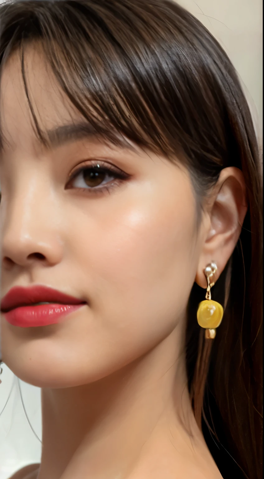 a close up of a chinese woman with a red lipstick and earrings, smooth facial features, close-up perfect face, delicated facial features, prominent cheekbones, close up at face, closeup on face, facial closeup, delicate facial features, exquisite facial detail, closeup face, closeup shot of face, extreme details perfect face, close - up on face, perfect nose, skin texture.