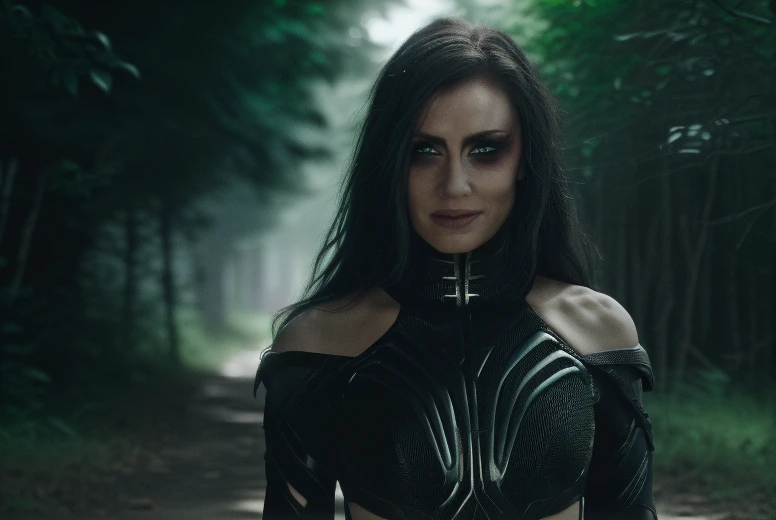 Best_QualityPos, RAW photo, intricate details, best quality, 8k uhd, soft lighting, 1girl, solo, black hair, long hair, armor, bare shoulders, Blue eyes, forest