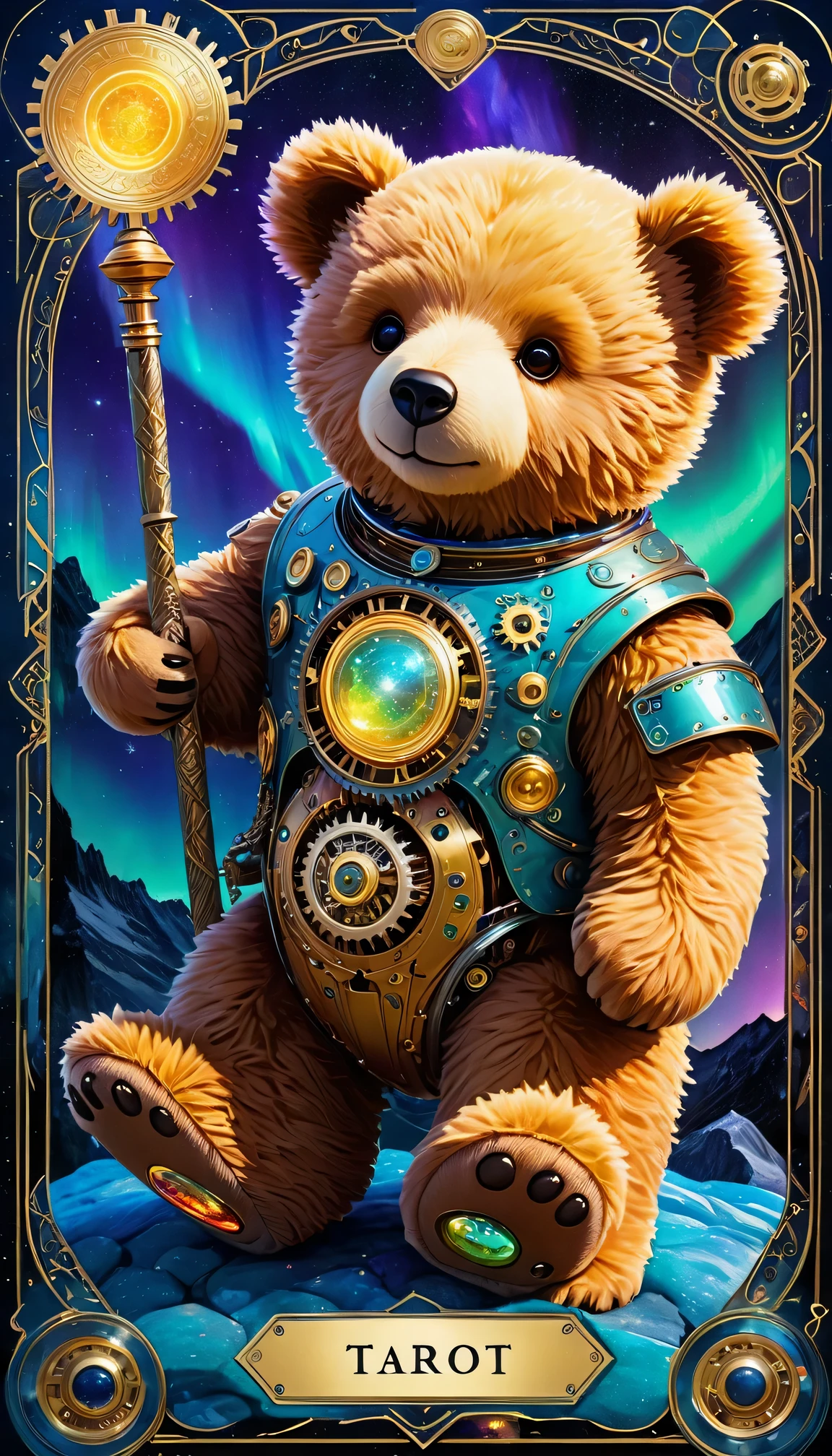 (A futuristic teddy bear tarot card)、clear focus、Vibrant colors、mechanical gear、metal surface、Layered composition、Northern Lights、occult symbols、Surreal elements、otherworldly scenery、celestial body、Fantastic state、Unlimited imagination。