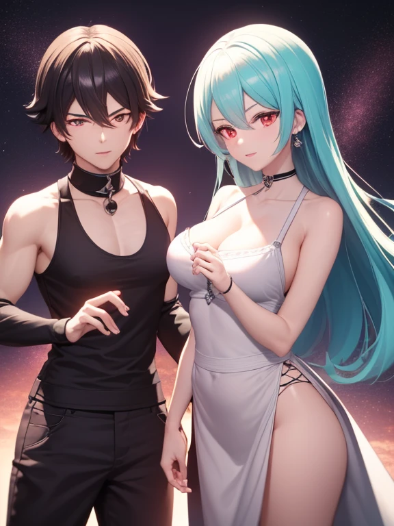 ((obra maestra de anime TV)), (enfoque medio cuerpo), Pareja chico y chica adultos, varias poses juntos, you can see the mutual attraction, chica Fox pelo largo blanco o gris, radiante iris eyes brillan del ojo verde, chico pelo corto bicolor, rostro masculino, eyes are also bright red eyes and radiant black,  -auto...