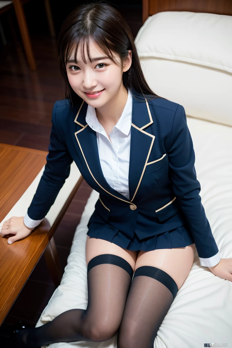 (8K), (highest quality: 1.2), (realistic), (realistic: 1.37), ultra high resolution, 1 girl, cute, smile, closed mouth, beautiful details, beautiful nose, wet hair, giant dulcefo, pork, thighs,Self snap,University Student Uniform,simple blazer,pleated skirt,Are standing,opaque tights,(8K), (highest quality: 1.2), (realistic), (realistic: 1.37), ultra high resolution, 1 girl, cute, smile, closed mouth, beautiful details, beautiful nose, wet hair, giant dulcefo, pork, thighs,Self snap,University Student Uniform,simple blazer,pleated skirt,opaque tights,bed,thighs, From above