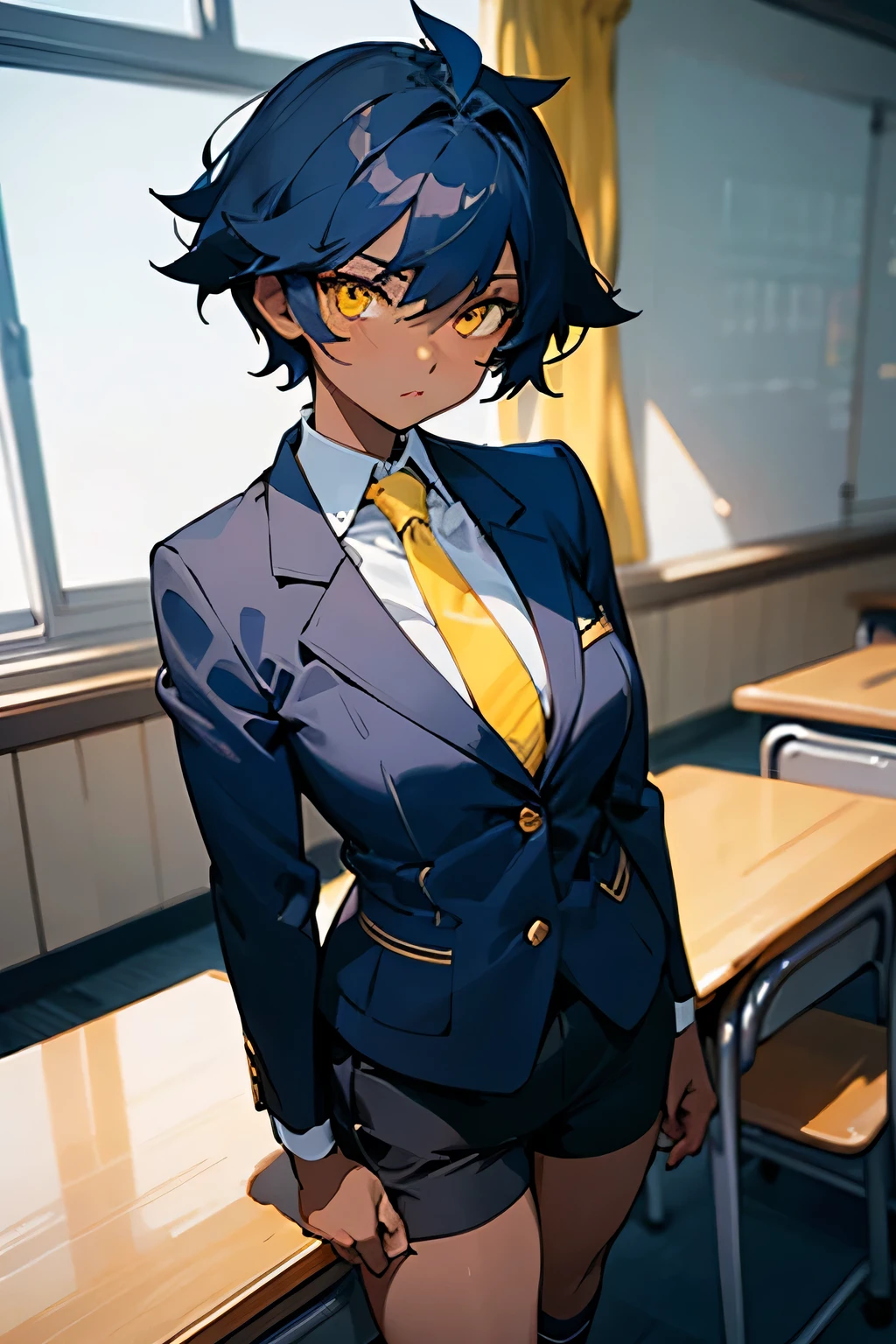 1 beautiful woman, dark skin, male dark blue hair, yellow eyes, black blazer, black school clothes, black skirt, black shorts under the skirt, yellow tie, very large bust, wearing black short socks, inside the classroom, appearance tomboy, muscular body, high definition