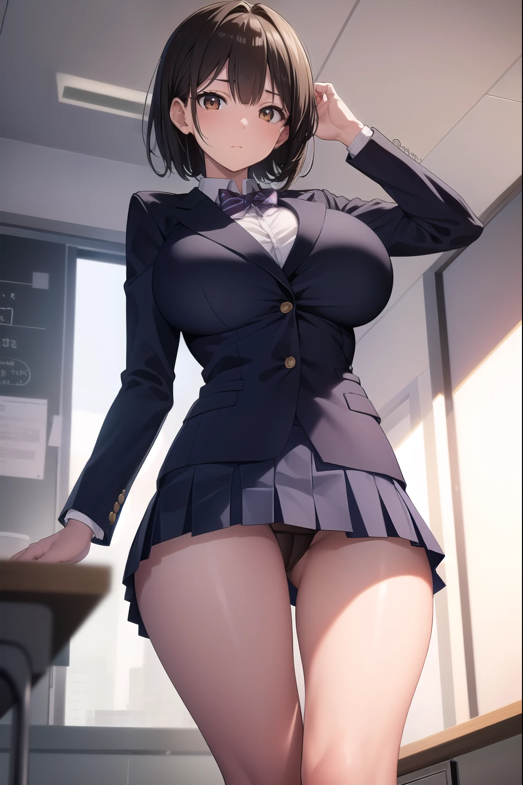 black hair, (brown eyes:1.5),  (shot hair:1.6),
BREAK blazer, blue skirt, jacket, otonokizaka , pleated skirt, , winter uniform, (short skirt:1.6), (micro skirt:1.6), (big breasts:1.6), (slender:1.4), (thong:1.6), 
BREAK looking at viewer,
BREAK indoors, classroom, 
BREAK (masterpiece:1.2), best quality, high resolution, unity 8k wallpaper, (illustration:0.8), (beautiful detailed eyes:1.6), extremely detailed face, perfect lighting, extremely detailed CG, (perfect hands, perfect anatomy),