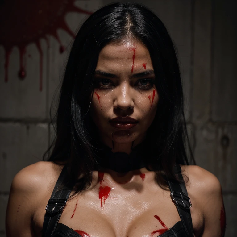 Black color scheme Spider woman Adriana Lima, beautiful covered in blood, good quality, depression, cuffed up with chains , mouth is filled with blood, looking straight forward