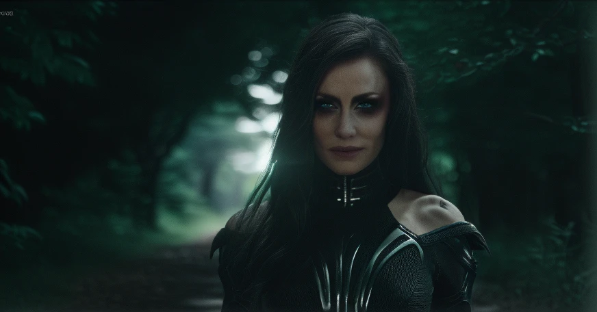 Best_QualityPos, RAW photo, intricate details, best quality, 8k uhd, soft lighting, 1girl, solo, black hair, long hair, armor,  shoulders, Blue eyes, forest