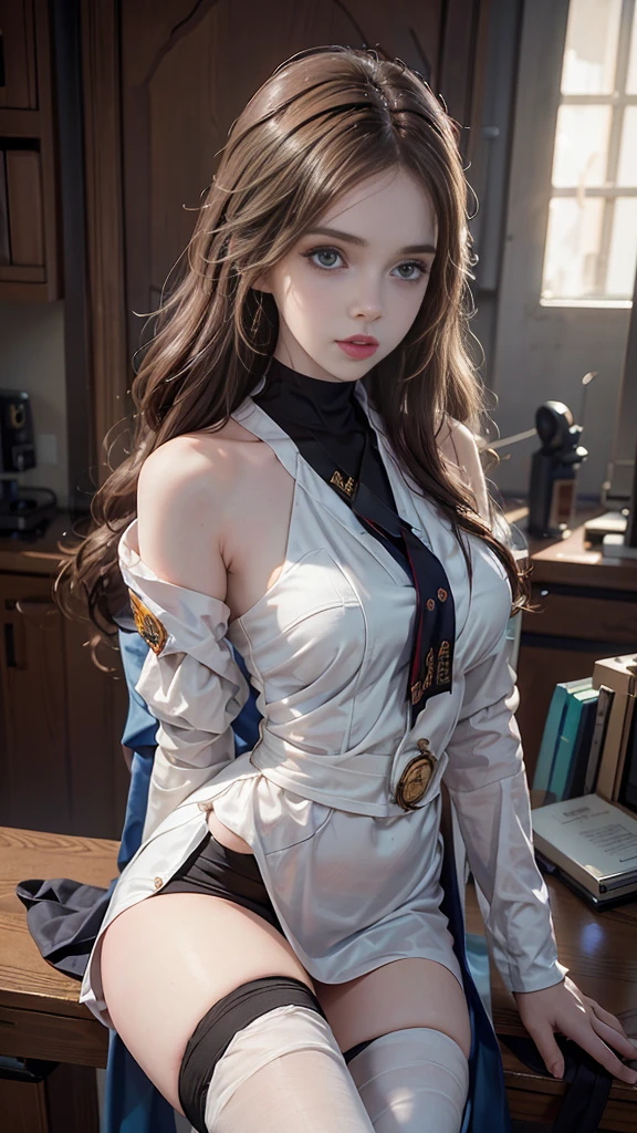 there is a woman sitting on a desk in a lab, amouranth, better known as amouranth, sitting on a lab table, young beautiful amouranth, doctor, amouranth as a super villain, sexy body, wearing lab coat and a blouse, experimenting in her science lab, sexy girl, in a lab, with a lab coat