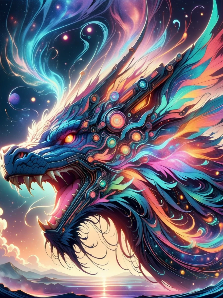 A dragon mixed with a nebula, hunting in a vibrant cosmic nebula with bright colors and swirling gas clouds. Watercolor, trending on artstation, sharp focus, studio photo, intricate details, highly detailed
