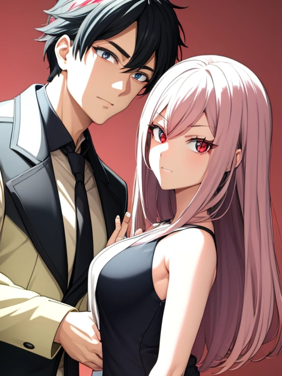 ((obra maestra de anime TV)), (enfoque medio cuerpo), Pareja chico y chica adultos, varias poses juntos, you can see the mutual attraction, chica Fox pelo largo blanco o gris, radiante iris eyes brillan del ojo verde, chico pelo corto bicolor, rostro masculino, eyes are also bright red eyes and radiant black,  -auto...