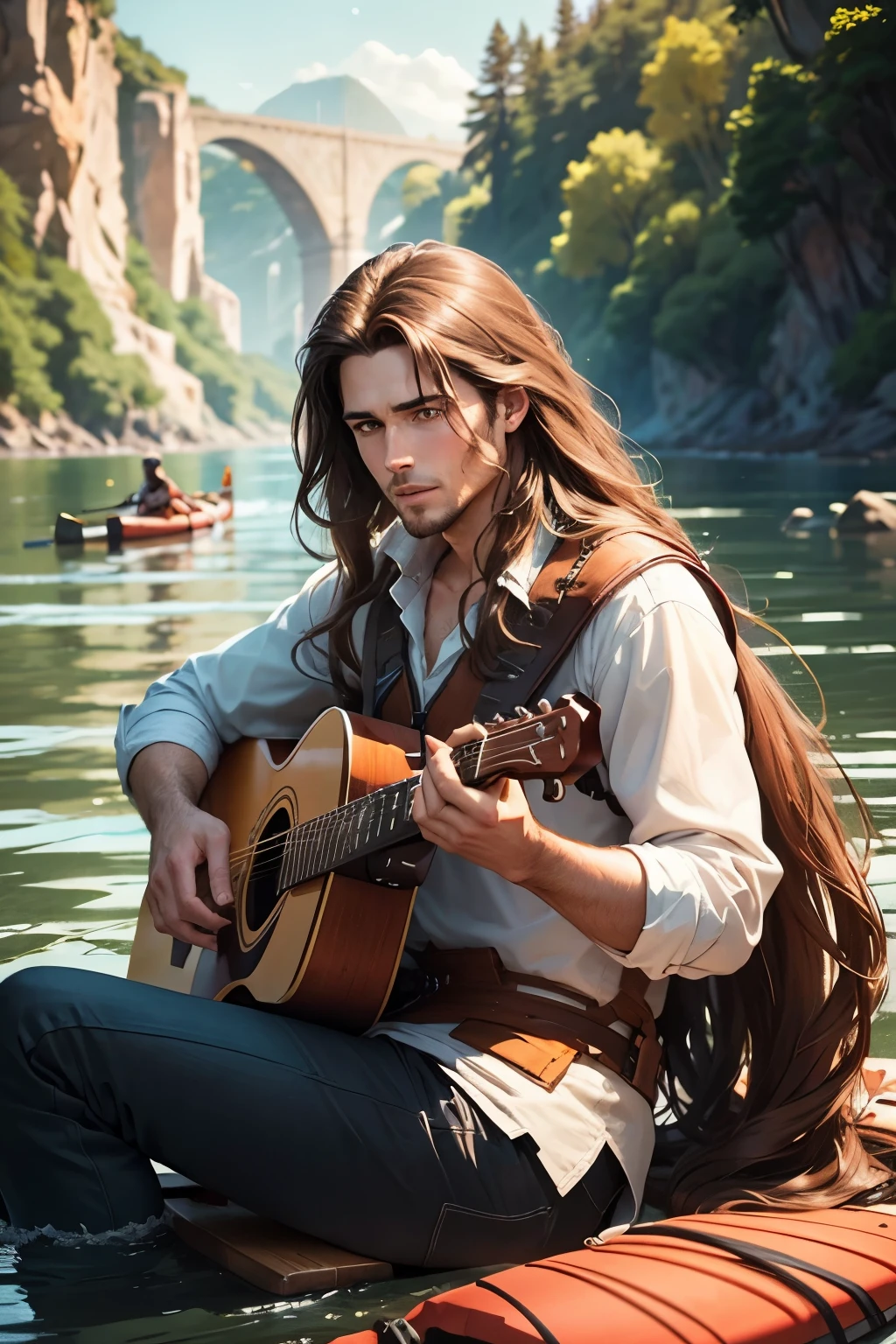 Handsome man with long brown hair plays guitar in front of the river.. There is a kayak in the background.