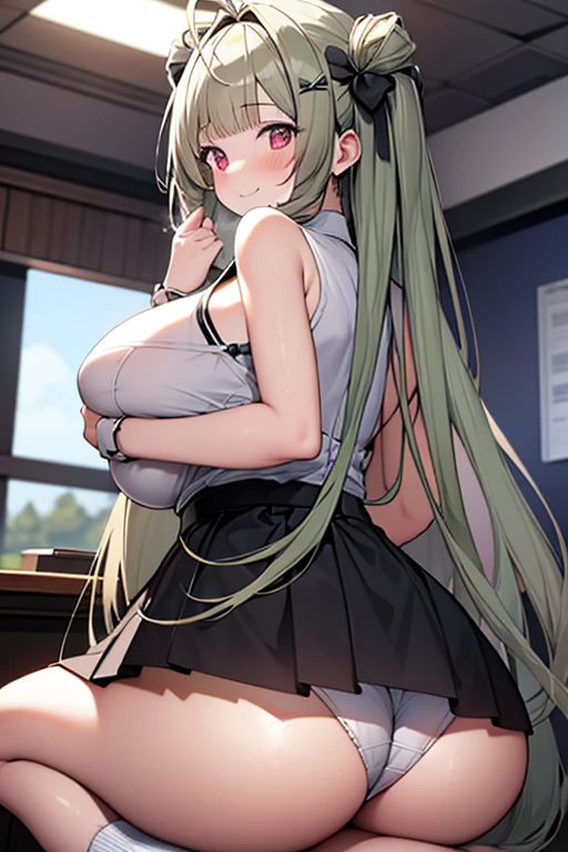 (table top, high quality) NSFW, A girl squatting on a desk in a cafe, return, butt, kneel down, from below, メイド服の接写buttブレイク, shiny hair, shiny skin, black panties, T-back, break the background, classroom,adorable smile,ruby red eyes,,大きなbutt,big breasts,white knee socks,mature woman