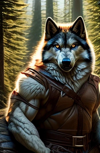 Create the image of a wolf with human characteristics observing attentively, among the trees, in a lookout posture.  The wolf is in a forest, He dresses like a hunter.  The focus of the image must be on the character, capturing precision in details.  The image should convey a sense of power, ferocity and determination.