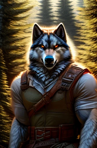 Create the image of a wolf with human characteristics observing attentively, among the trees, in a lookout posture.  The wolf is in a forest, He dresses like a hunter.  The focus of the image must be on the character, capturing precision in details.  The image should convey a sense of power, ferocity and determination.