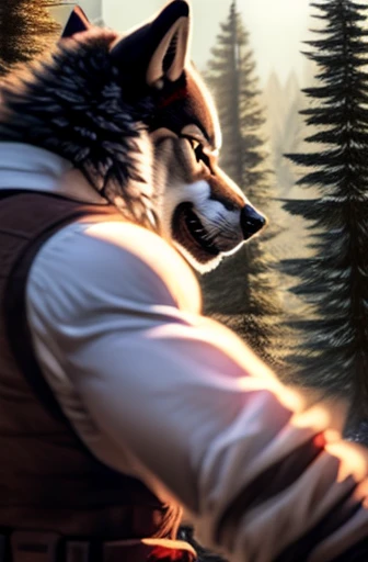 Create the image of a wolf with human characteristics observing attentively, among the trees, in a lookout posture.  The wolf is in a forest, He dresses like a hunter.  The focus of the image must be on the character, capturing precision in details.  The image should convey a sense of power, ferocity and determination.