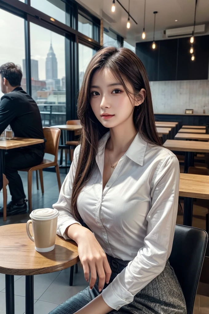 table top, highest quality, realistic, Super detailed, finely, High resolution, 8k wallpaper, 1 beautiful woman, Medium chest、In casual business attire, at the cafe, messy hair, perfect dynamic composition, finelyて美しい目、(((超highest quality, masterpiece))), (((very detailed)))