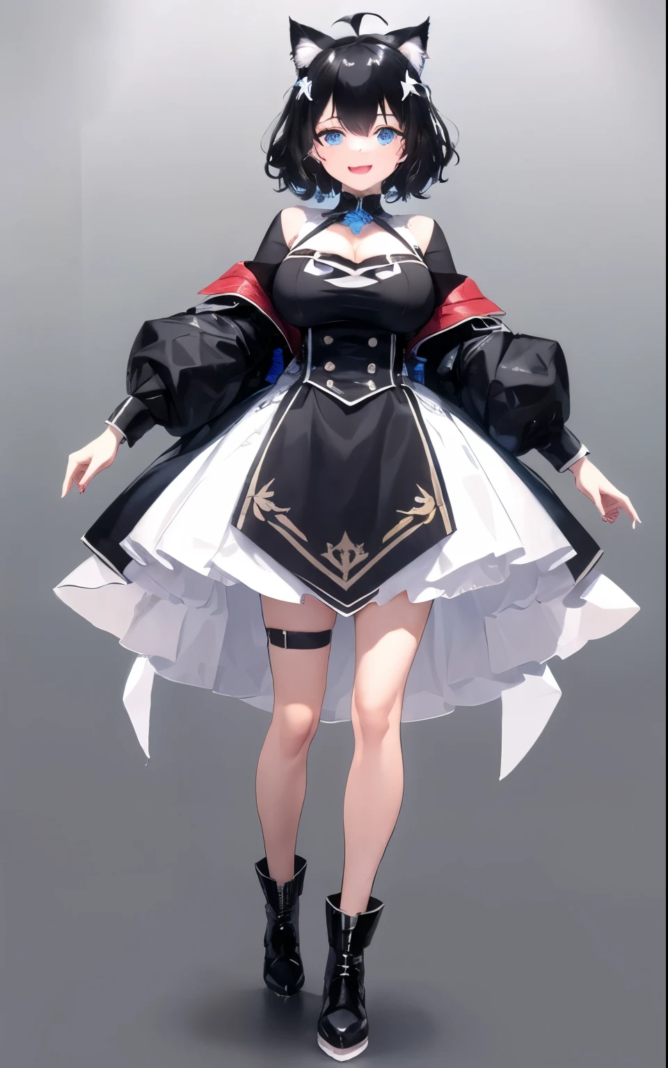 ,((upright)), ((arm at side)), looking at the viewer, simple background、white background, 1 girl, open your mouth, smile, Virtual YouTuber、with a girl、((highest quality, expensive_solve, clear_image)),(black hair), (black cat ears), (Ahoge), (ridiculously short hair), (wavy hair), (blue eyes),、laughter、very big breasts、whole body、Draw to the toes、I put boots on my feet、cleavage visible、dressed in military uniform、Reference sheet、((show viewer))。