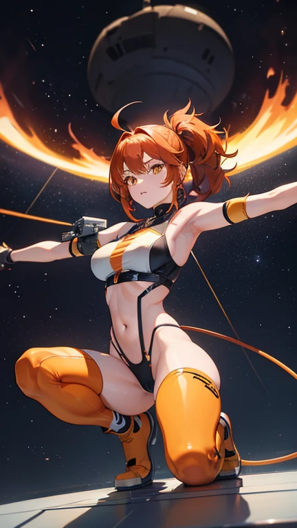 Generate an 8k anime style image of a girl with a dynamic undercut hairstyle, Longer sections dyed fiery red and orange. Her sharp yellow pilot eyes were focused and determined..She is wearing a transparent underwear，Very expressive of body contours, Squat with your legs spread apart. Behind her is the interior of the spacecraft cockpit, A panoramic view of the space battle unfolding outside.
