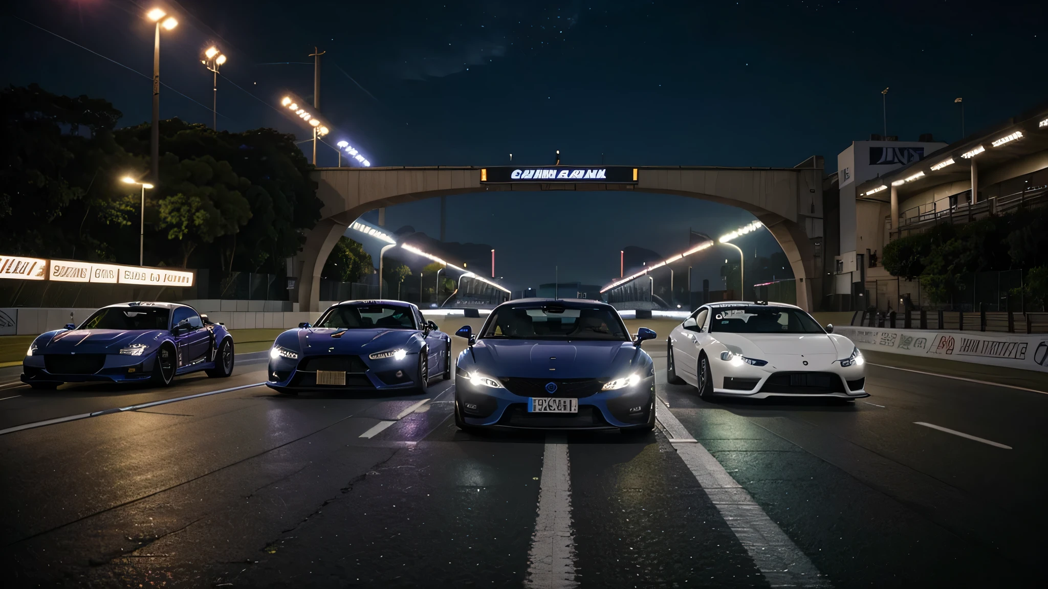 The image is a high definition landscape (Full HD) com uma pista de corrida estendendo-se ao fundo. The track is surrounded by safety barriers and bright lights along the route. No centro da imagem, there is a collection of custom cars, cada um com designs vibrantes e distintos, semelhantes ao estilo do jogo Need for Speed. The cars are of different models, ranging from sports cars to classic racing cars, all customized with airfoils, spoilers, adesivos e decalques. As cores das pinturas dos carros variam amplamente, including metallic tones, neons and flame patterns. Alguns carros podem ter efeitos de brilho ou cromados. The sky above the race track is painted in dark blue and purple tones., sugerindo uma atmosfera noturna emocionante. As luzes da cidade podem ser vistas ao longe, criando um ambiente de corrida urbana intensa.