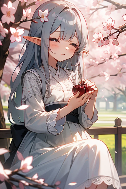 elf、long gray hair、Patsun bangs、lace dress、Cherry blossom viewing、cherry blossoms、Looks sleepy、手にcherry blossomsの枝