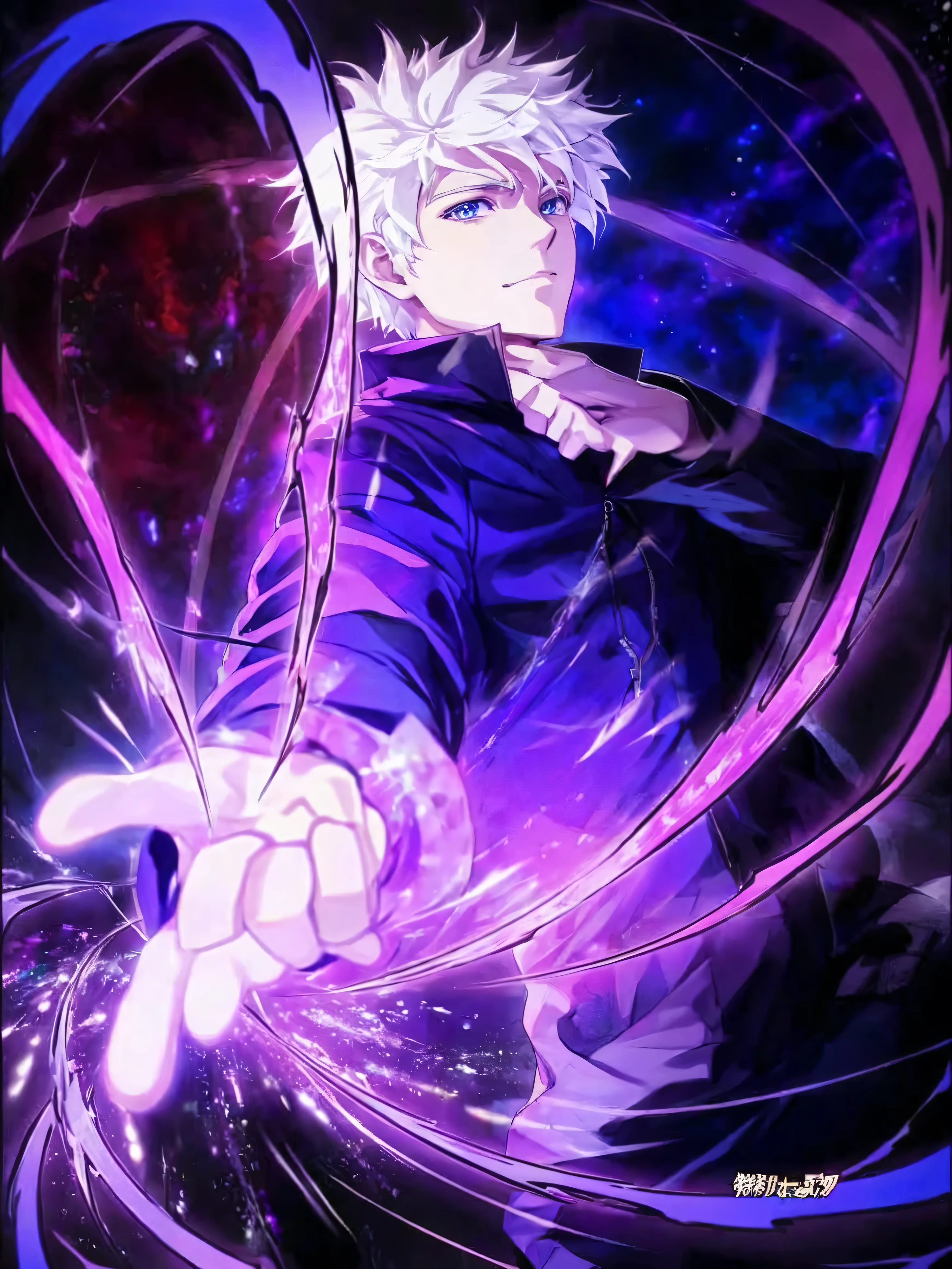 Close-up of a person holding a purple object in his hand, nagito komaeda, Killua Zoldyck, art style, Best Anime 4K Kona-chan Wallpaper,  portrait, nagito komaeda from danganronpa, ufotableのart style, Hajime Yatate、highest quality、Gojo Satoru、blue eyes、eyes like crystal、Silver hair spiky