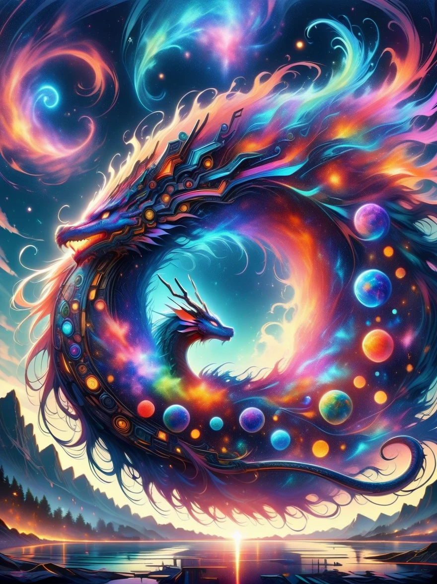 panoramic,wide angle,A dragon mixed with nebula,Hunt among vibrant cosmic nebulae,Bright colors,gas cloud rotating。watercolor painting,Art Station Trend,clear focus,Studio photos,intricate details,Highly detailed