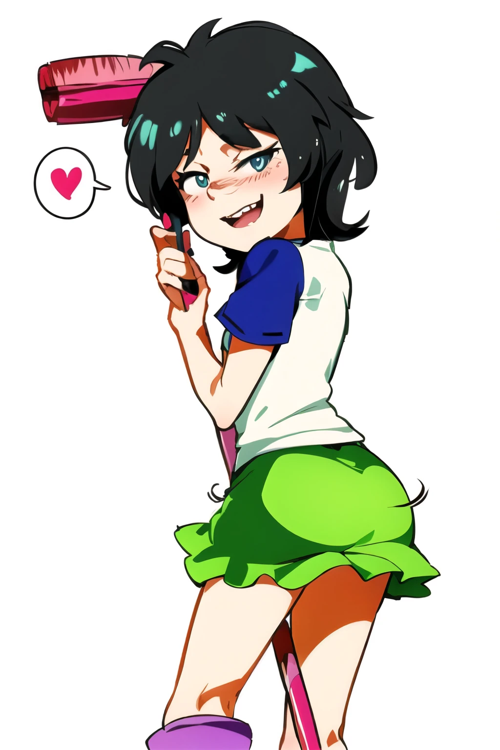 cartoon girl with a brush and a heart in her hand, fubuki, [[[[grinning evily]]]], anime moe artstyle, cartoonish cute, gapmoe yandere, inspired by Puru, in an anime style, rei hiroe, yandere. tall, by :5 sexy: 7, lowres, black hair