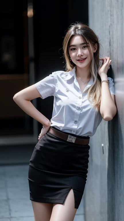 Standing and smiling , stand , (8k, best quality, masterpiece, ultra highres:1.2) Photo of Pretty thai woman beautiful, beautiful enchanting fashion contemporary painting with , (1girl), (white shirt short sleeves), ((black pencil skirt)), belt , , blonde hair, , realistic skin texture , round chin, 85 mm art lens, f 1. 2, sharp focus, 8 k high definition, insanely detailed, intricate, elegant, large breasts, big breasts , black skirt 