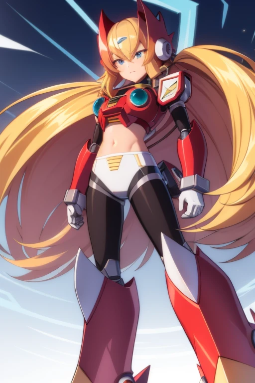 edgy girl with long blonde hair and bags under her eyes. Reploid. Robot armor