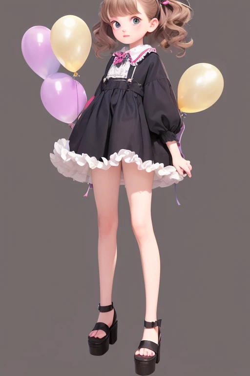 a   girl holdoing a lot of balloons, full body, stomp balloon, big ribbon on her hair,