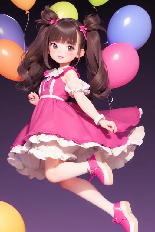 (holding ballons), (((full body))), real photo, 10 years old girl, Brat female , (((drawers))), ((looking back at me)), twin tails, big ribbon, pink boots,