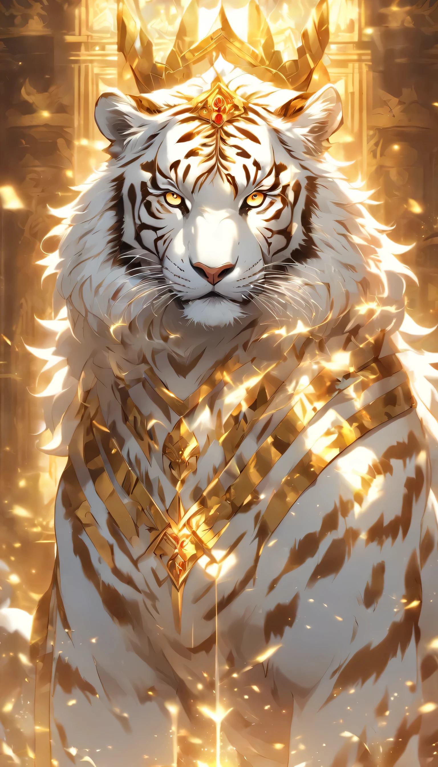 (best illumination, best shadow, masterpiece, best quality), anthropomorphic white tiger king, majestic, intimidating, powerful, epic, royal armor of white and gold with intricate details, clean lines, perfect illustration