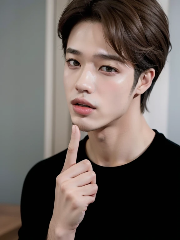 Imagen arafed de un hombre con un dedo en los labios., Jimin\los labios carnosos, park Jimin, Jimin, Jimin\'s grecian nose, accurate Jimin face, Jung Jaehyun, Jimin\his right eyelid is swollen, [ Arte digital ]!!, pale korean adorable face, # 1 pintura digital de todos los tiempos, #1 pintura digital de todos los tiempos
