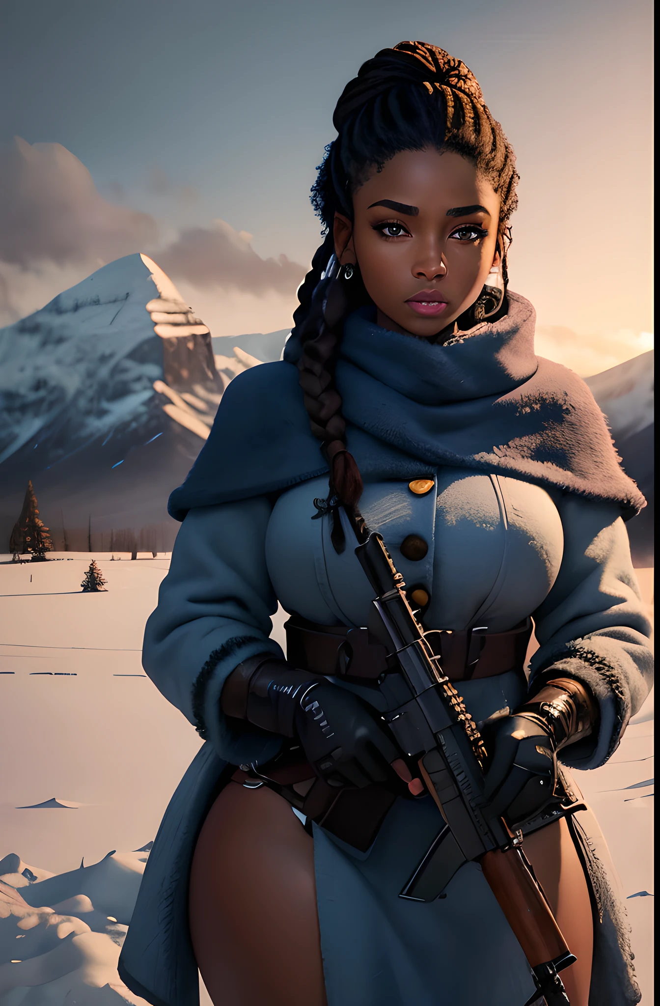 best quality,ultra-detailed,portrait, Teyonah Parris mixed with Joaquina Kalukango holding rifle, big woman, 3001bs, strong thighs, woolly braided hair, very dark skin, beautiful detailed blue eyes, beautiful detailed lips, detailed long woolly braided hair, winter coat, cold icy atmosphere, blood in the snow, frosty landscape, dark winter night, snowy ground, distant mountains, snow-covered trees, steely expression, sharp focus on the rifle, metallic texture,crisp, high contrast, cool color tones,dramatic lighting