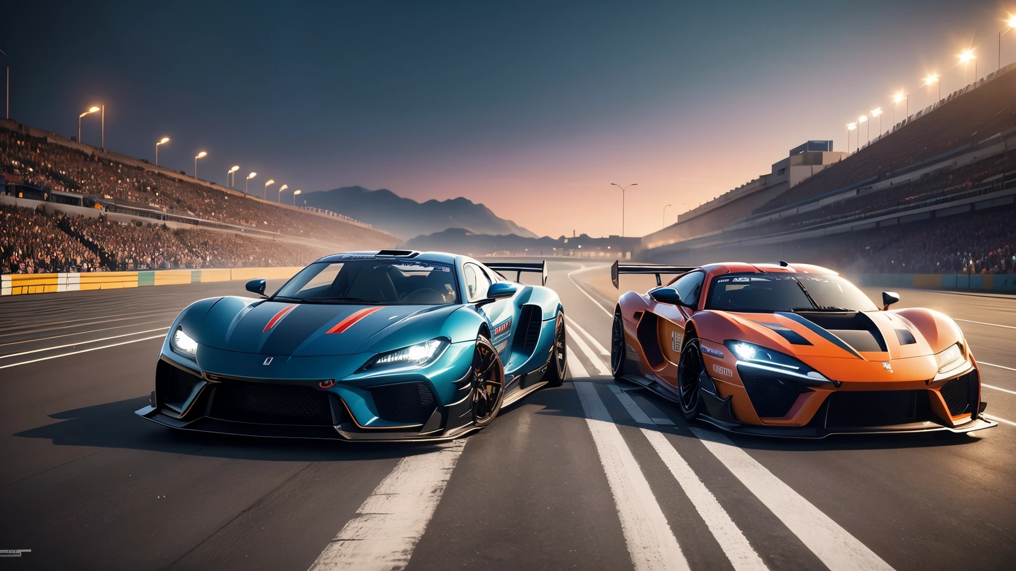The image is a high definition landscape (Full HD) com uma pista de corrida estendendo-se ao fundo. The track is surrounded by safety barriers and bright lights along the route. No centro da imagem, there is a collection of custom cars, cada um com designs vibrantes e distintos, semelhantes ao estilo do jogo Need for Speed. The cars are of different models, ranging from sports cars to classic racing cars, all customized with airfoils, spoilers, adesivos e decalques. As cores das pinturas dos carros variam amplamente, including metallic tones, neons and flame patterns. Alguns carros podem ter efeitos de brilho ou cromados. The sky above the race track is painted in dark blue and purple tones., sugerindo uma atmosfera noturna emocionante. As luzes da cidade podem ser vistas ao longe, criando um ambiente de corrida urbana intensa.