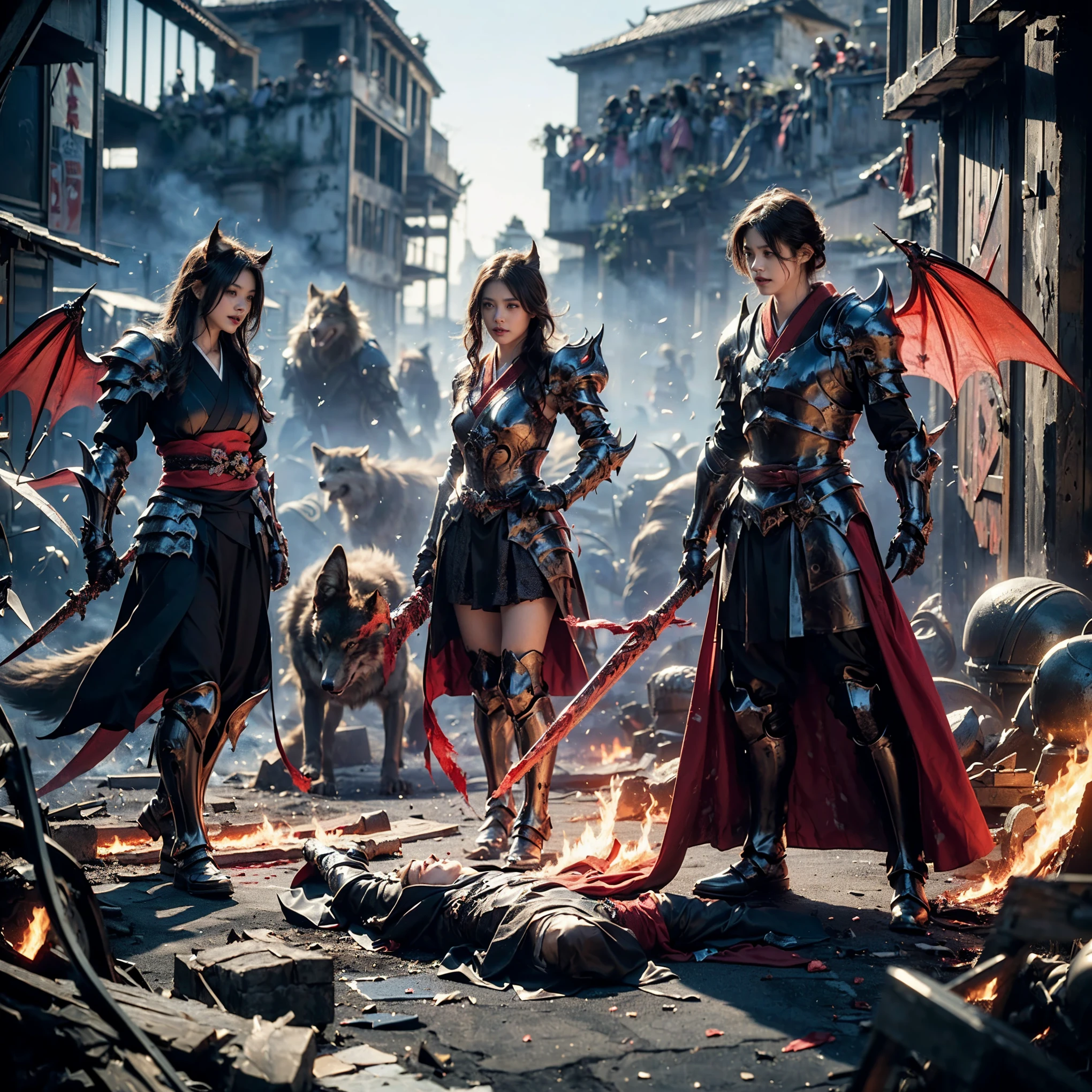 (((Realistic, masterpiece, best quality, crisp detail, high definition, high detail, very rich detail, sharp focus, sharp detail, colorful, rich color, perfect studio lightning))), ((20 years old, beautiful devil, kasumi arimura, evil gothic make up, flying, floating)),(((in the middle of war, epic war scene, attack stance))), wearing (((beautiful decorated black heavy armor, dark dragon armor, decorated full body armor, fully armored beautiful kimono, wide fire diabolos wings))), (flying, holding giant blade, blood scattered face, blood tears, blood bath, blood shed), (((fire everywhere, blood everywhere, death everywhere, japan bakumatsu period, dead bodies,carcass,burned japanese castle, cerberus, three headed wolves, were wolves, hellish,chaos, inferno)) traditional village background, dark atmosphere, bloody night)