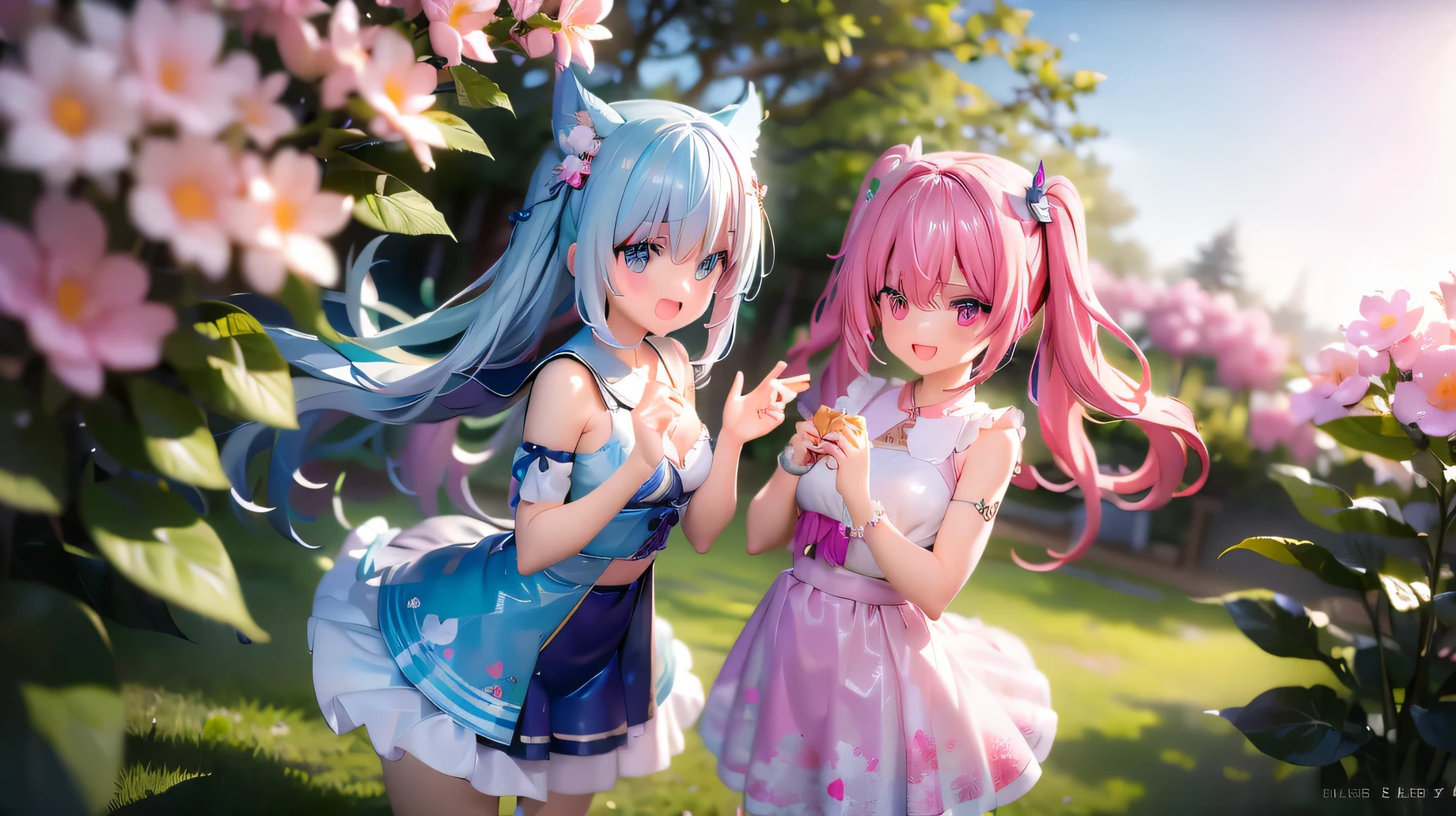 two innocent girls、、2 people(One with pink hair、1 name light blue hair)、14 years old、cute face、smile、open your mouth、beautiful eyes、beauty of nature、Warm sunshine、wild flowers swaying in the wind々surrounded by、enjoy time in the field。Butterflies and birds fly around her、Add a playful atmosphere、magical girl clothes