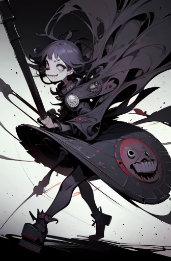 ((Hardcore punk girl)),, ((Coming towards the camera)), scribble, nightmare, doll-like face, cartoon style, rough sketch, Horror elements, (masterpiece), (High resolution), (super delicate), (clear), Comic style illustration, (drawing style), (Horror elements), Japanese painting, full body, Apparition, angle, (snap shot), bugaboo, That's horrible, (Creepy), Japanese carving, primitive art, circus, crazy illustration, flat illustration, crazy smile, Creepyな外観, Distinctive messy hairstyle, creative accessories, unique atmosphere、()