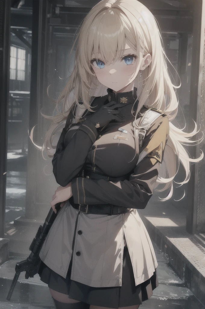 The girl wore a Black German army uniform, girls frontline, animation, Extremely beautiful and detailed anime faces and eyes, actual, whole body, from_below, focus on eyes, Keep_arms, 美麗細緻的whole body, , girl, infant,5 years old, short hair, messy hair, crying bangs, blonde hair, disheveled hair, ahog, Delicate face rain, rape face, Cute big eyes, beautiful breasts、huge breasts:1.4 chest, blue eyes, Black_Gloves, gun, army, boots, Black Clothes, big space, floating, divine light, absurd, Art book，art book, Extremely detailed 8K wallpapers, Very precise and detailed, Ridiculous,