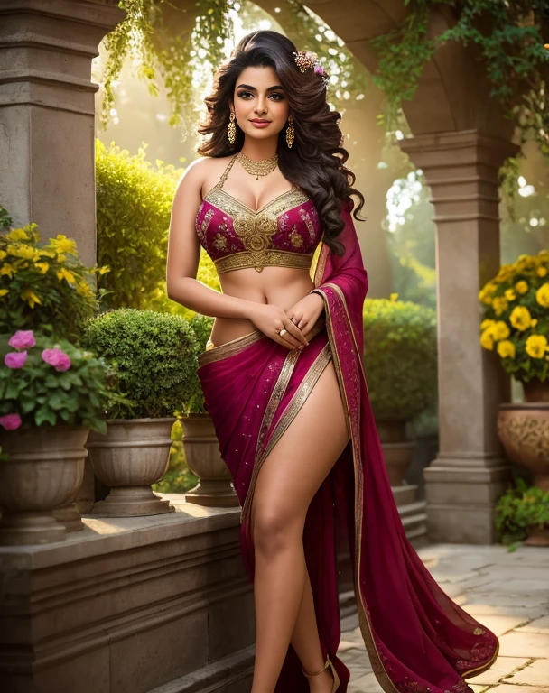 "Beautifully adorned with Indian jewelry, the stunning model stands tall in an alluring Indian girls' high school uniform. Her hair styled to perfection adds a touch of sexiness to the overall look. With a dynamic pose and a knee-bending leg sitting, she exudes a captivating and confident aura."