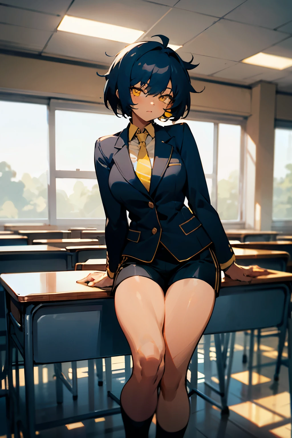 1 beautiful woman, dark skin, short dark blue hair, messy, yellow eyes, black school clothes, black blazer, black skirt, black shorts under the skirt, yellow tie, very large bust, wearing black short socks, inside the classroom, appearance tomboy, muscular body, high definition