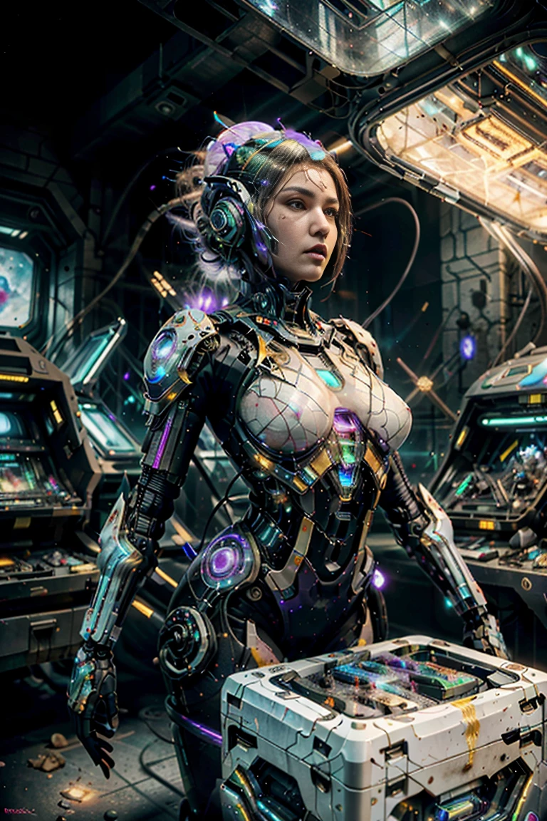 (best quality,4k,8k,highres,masterpiece:1.37), ultra-detailed, (realistic,photorealistic,photo-realistic:1.37), (aerial view), (top down perspective), (1insectoid woman), (the focal point is one woman pulling a video game cartridge out of a futuristic artifact chest full of retro video game cartridges:1.6), (the woman is looking down:1.4), (Futuristic artifact box), (the artifact box is open), (The scene unfolds inside a mystical cavern:1.4), fractal_body, (The woman is wearing an insectoid exoskeleton, covering her entire body, made with glass details:1.5), (dynamic angle:1.37), (The woman hair is made of fractal technologic components:1.5), (fantasy and sci-fi mixed:1.5), holographic glitch effects floats around the woman, vibrant colors, (A purple glow emanates from inside the treasure chest), glowing lights, (abandoned machinery), (there are old video game cartridges and consoles on the background), mystical creatures, pixelated details, (there are crystal formations spreading on the background), (futuristic technology), (ancient artifacts), mystical energy, vibrant retro aesthetic, atmospheric lighting, hidden passages, ancient ruins, mysterious symbols, shimmering water, lush vegetation, interdimensional portals, ethereal music, nostalgic atmosphere, immersive storytelling, epic adventure, delightful surprises