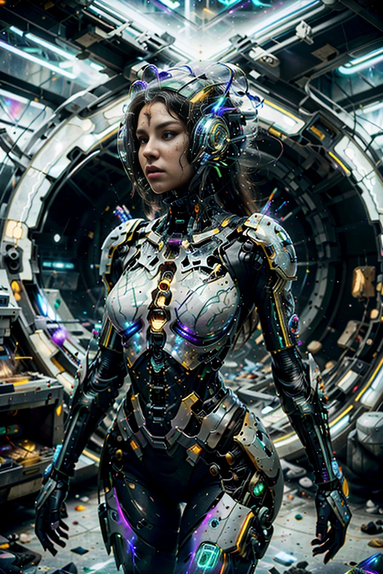 (best quality,4k,8k,highres,masterpiece:1.37), ultra-detailed, (realistic,photorealistic,photo-realistic:1.37), (aerial view), (top down perspective), (1insectoid woman), (the focal point is one woman pulling a video game cartridge out of a futuristic artifact chest full of retro video game cartridges:1.6), (the woman is looking down:1.4), (Futuristic artifact box), (the artifact box is open), (The scene unfolds inside a mystical cavern:1.4), fractal_body, (The woman is wearing an insectoid exoskeleton, covering her entire body, made with glass details:1.5), (dynamic angle:1.37), (The woman hair is made of fractal technologic components:1.5), (fantasy and sci-fi mixed:1.5), holographic glitch effects floats around the woman, vibrant colors, (A purple glow emanates from inside the treasure chest), glowing lights, (abandoned machinery), (there are old video game cartridges and consoles on the background), mystical creatures, pixelated details, (there are crystal formations spreading on the background), (futuristic technology), (ancient artifacts), mystical energy, vibrant retro aesthetic, atmospheric lighting, hidden passages, ancient ruins, mysterious symbols, shimmering water, lush vegetation, interdimensional portals, ethereal music, nostalgic atmosphere, immersive storytelling, epic adventure, delightful surprises