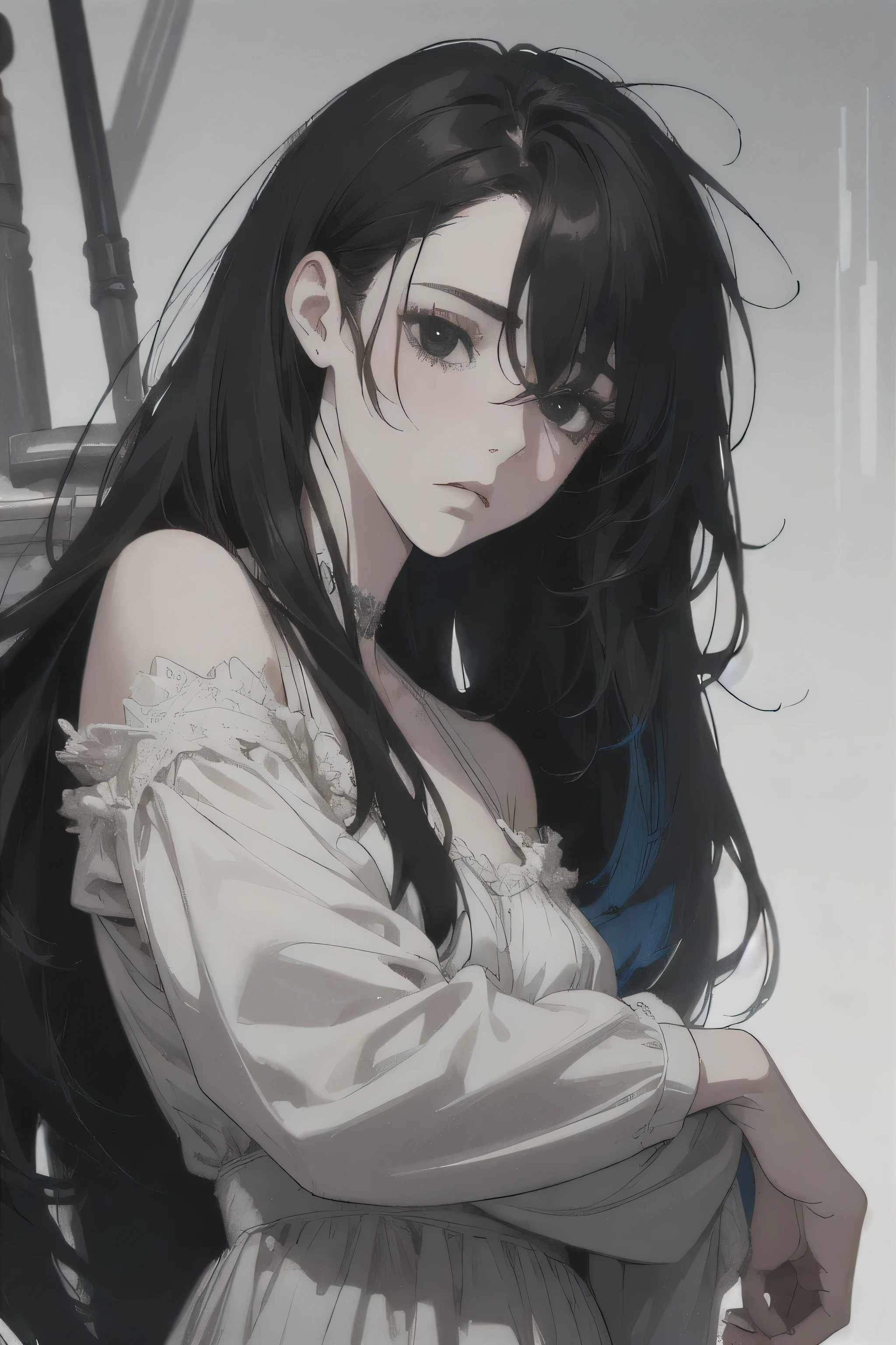 midjourney, ((best quality)), ((masterpiece)), (detailed), perfect face, 1female, beautiful male, young, 18 years. old, ((black hair, messy long hair)), ((black eyes)), depth of field, pale white skin, white dress, dark circles under eyes, tired expression, vivid colors,  [[[reading]]]